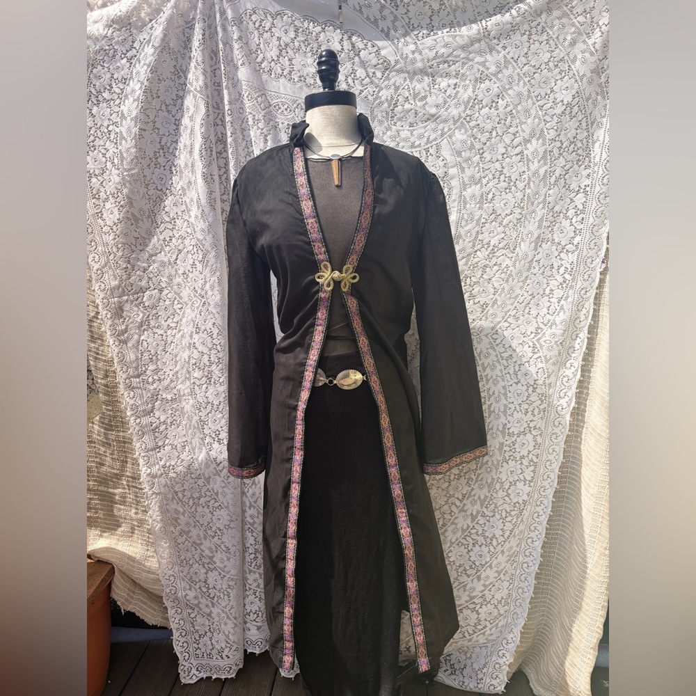 Vintage 70s Black Cotton Maxi Robe Jacket Boho Asian Style Trim Womens M